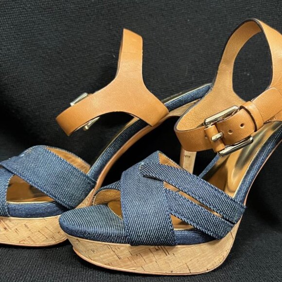 COACH DANI High Heels, Platform Open-Toe, Denim & Leather 6.5 - Picture 2 of 7